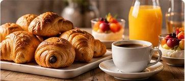 Mini-viennoiseries, café et jus de fruits au petit-déjeuner